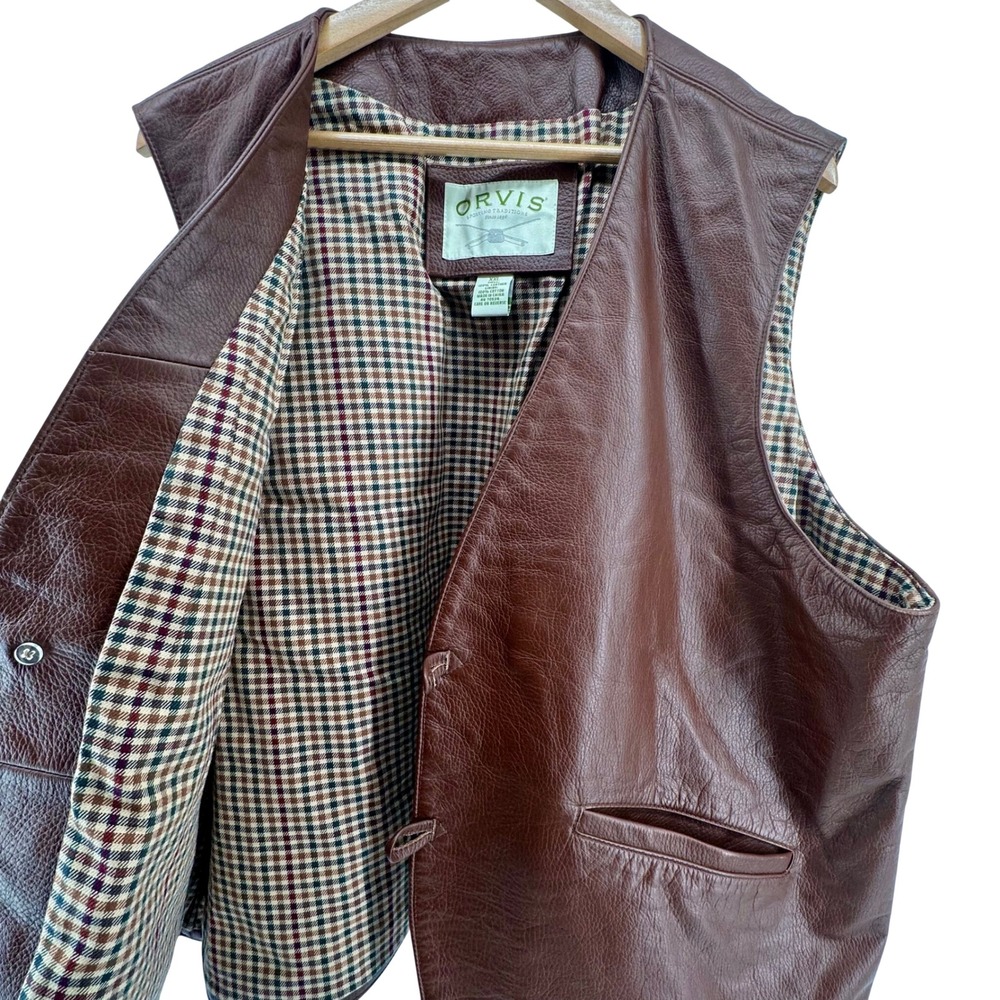 Orvis Vintage Brown Leather Vest Mens XXL Plaid Lined Sporting Heritage